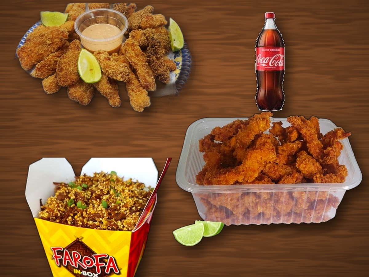 Kit Petisco Amazônico: Isca de Frango + Isca de Pirarucu + Farofa de Carne Assada + Coca 1,5L